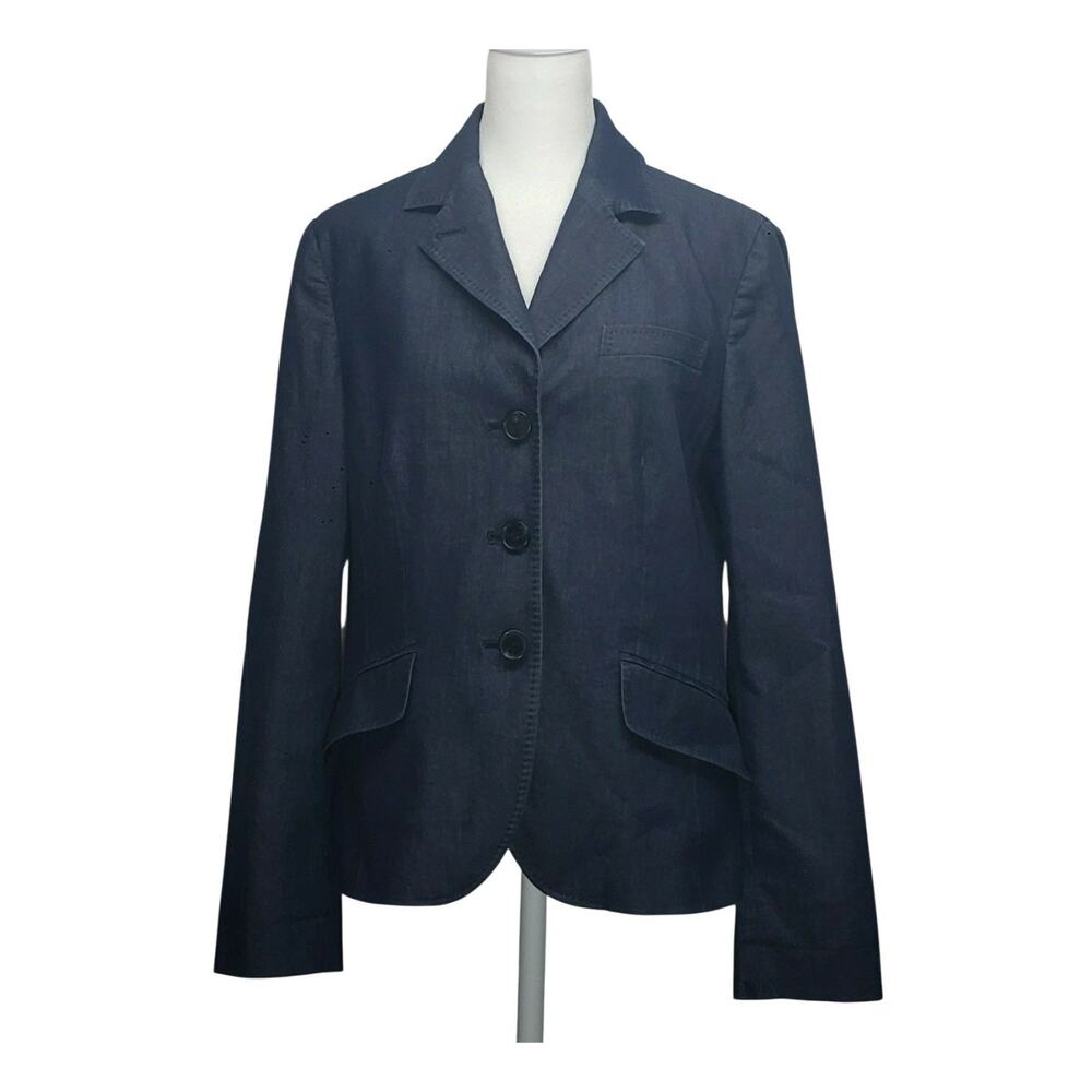 Talbots Blue Denim Blazer Jacket Size 10 Stretch Structured Preppy Office Coat